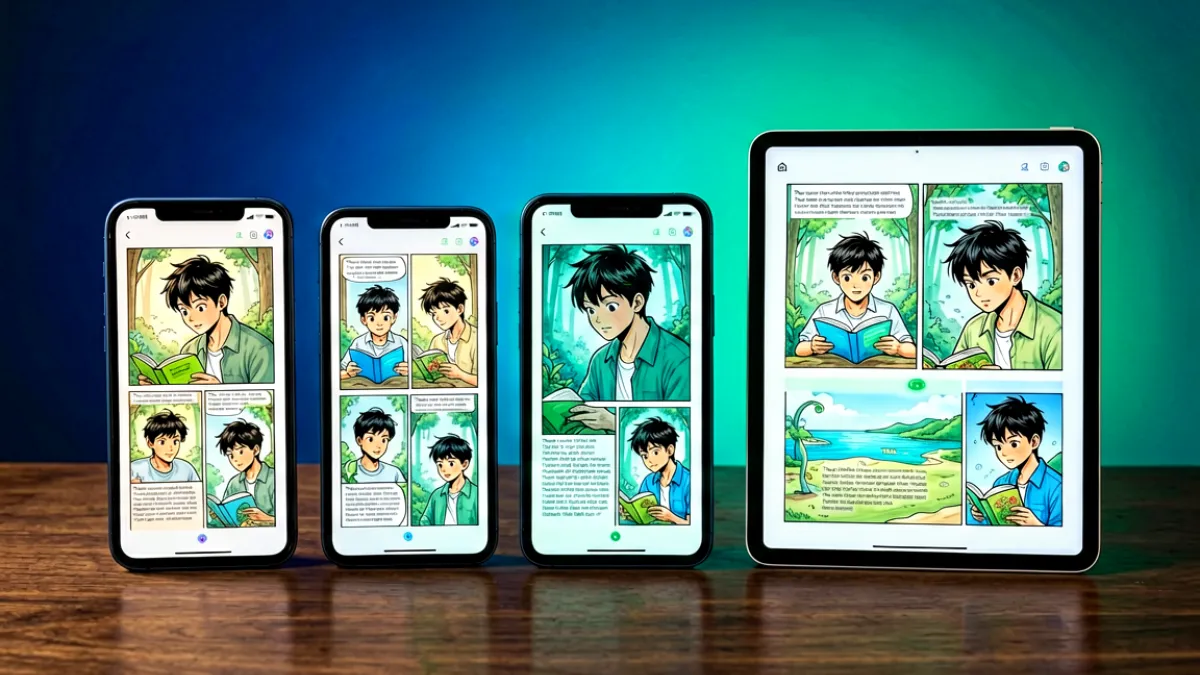 多屏并列展示不同漫画阅读App的界面截图，手机和平板并排放置在木质桌面上，背景是深蓝色渐变光影