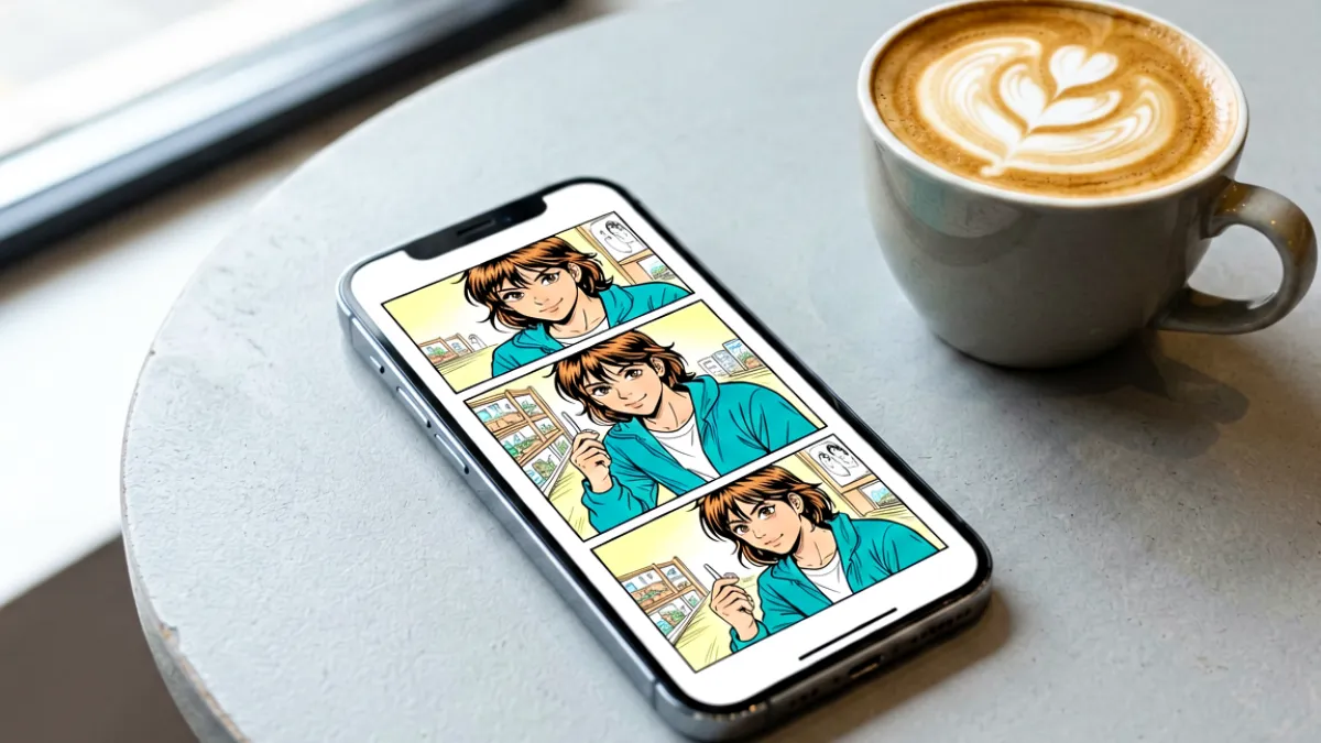 漫画阅读界面的局部特写，手机屏幕上显示着一格精致的日式漫画分镜，旁边还放着一杯咖啡