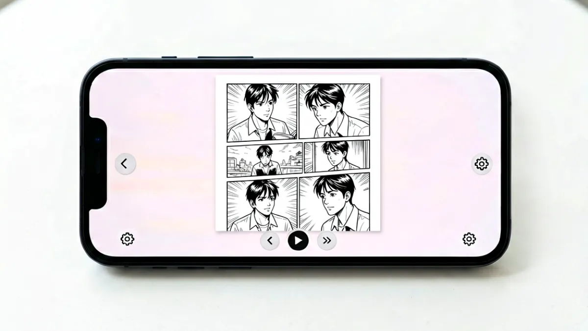 手机屏幕上展示的漫画阅读界面，翻页操作和设置按钮清晰可见，背景为干净的白色阅读页