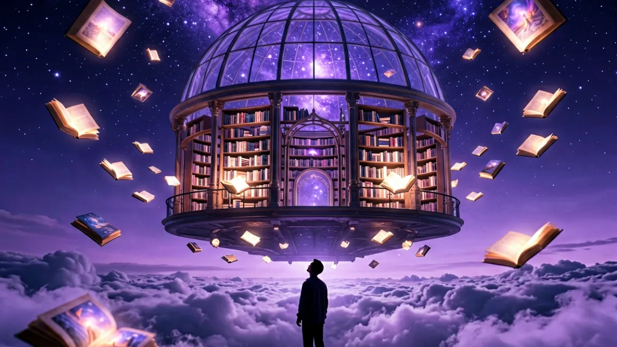 一座被梦幻星空笼罩的漫画世界，无数故事书脊悬浮在半空中，散发柔和的紫色光芒，营造出沉浸阅读的奇幻氛围