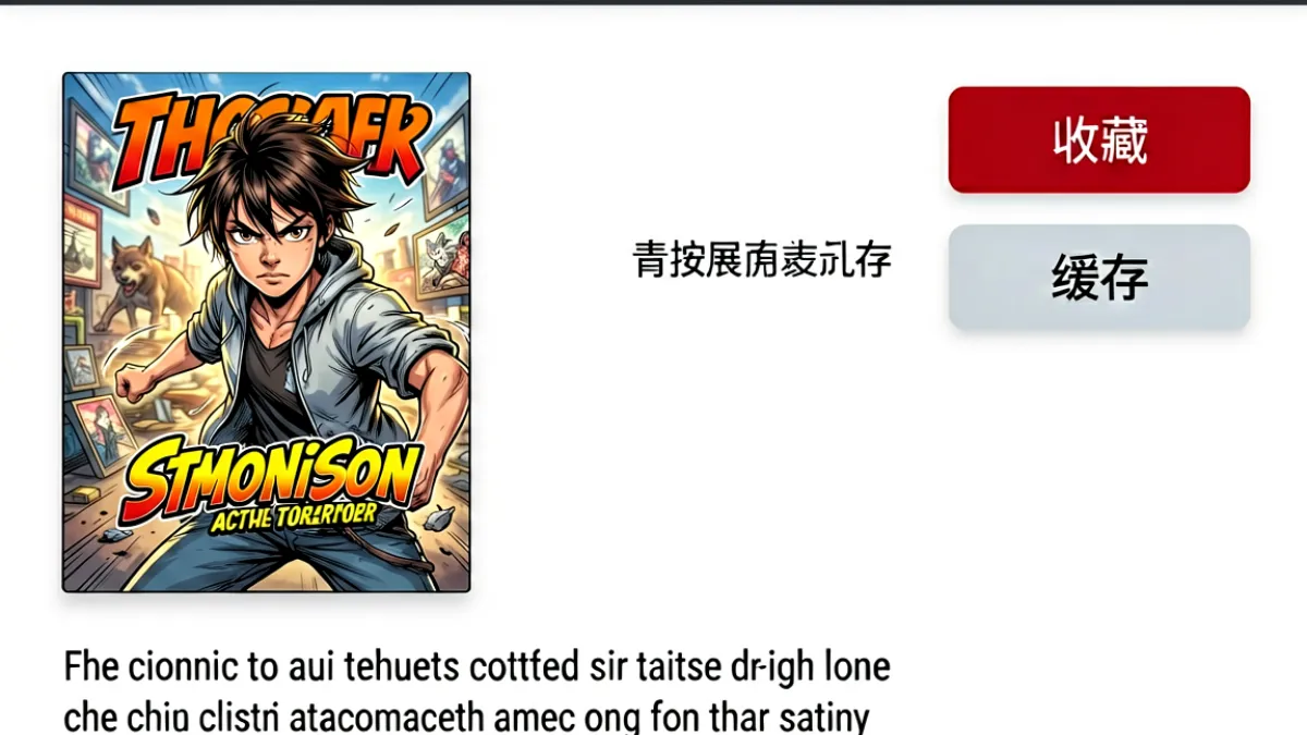 jmcomicron.mic 漫画详情页展示界面，右侧悬浮收藏按钮与缓存按钮清晰可见，顶部导航栏包含返回、分享和设置图标